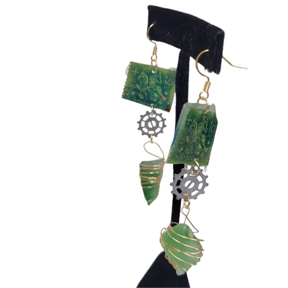 14K Gold PORTUGAL 1953-56 EQUESTRIAN SEAL OF KING DINIZ  StampSea Glass Earrings - Picture 3 of 4